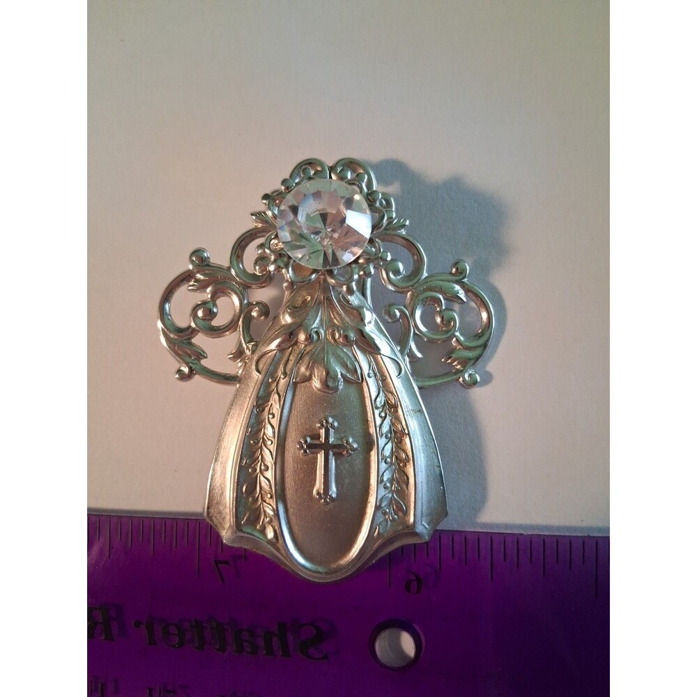 Vintage 1997 Jane Angel Of Light Cross Pin Brooch Silver Tone Rhinestone Signed
